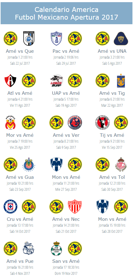 Calendario del America apertura 2017 del futbol mexicano